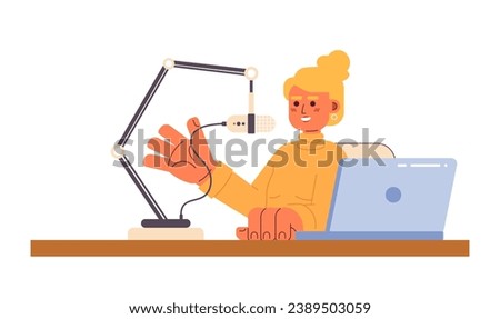 Caucasian woman talking microphone stand laptop 2D cartoon character. Radio show host young adult female isolated vector person white background. Social influencer color flat spot illustration