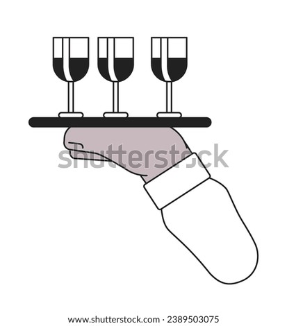 Wine glasses tray holding cartoon hand outline illustration. Drinks wineglasses 2D isolated black and white vector image. Fine dining waiter. Beverages serving flat monochromatic drawing clip art