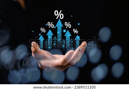 Businessmen using with rising arrows and percentage icons. Planning and strategy, Stock market, Business growth, progress or success concept, Business growing virtual hologram stock
