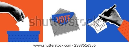 Ballot voting, box vote, mail polling square banners set. Halftone collage banners collection with hands. Vector poster concepts for web. Trendy vintage vector illustration. Royalty-Free Stock Photo #2389516355