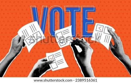Voting concept. People's hands holding vote ballots in trendy halftone collage style. Vector dotted Cutouts magazines. 2024 president election concept,