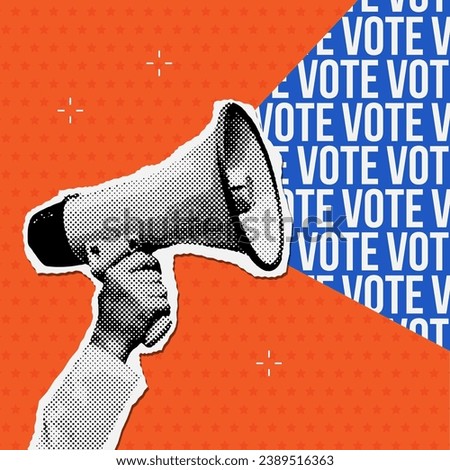 Hand holding a megaphone from which comes title - VOTE. Trendy halftone collage for 2024 politics elections. Vector dotted Cutouts magazines. Royalty-Free Stock Photo #2389516363