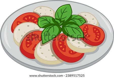 Delicious Italian Caprese Salad. Vector Illustration of Salad with Ripe Tomatoes, Mozzarella Cheese, and Fresh Basil on a Plate. Vegetarian food. Vector Illustration for Cafe or Restaurant Menu Design Royalty-Free Stock Photo #2389517525