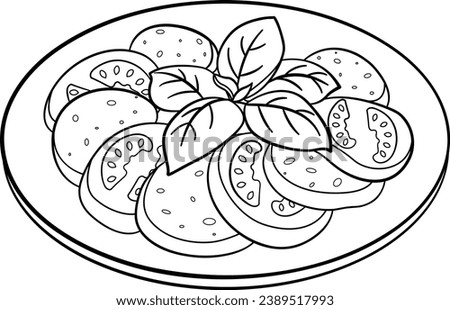 Delicious Caprese Salad for Coloring Page. Vector Illustration of Salad with Ripe Tomatoes, Mozzarella Cheese, and Fresh Basil on a Plate. Vegetarian food. Menu Design Royalty-Free Stock Photo #2389517993