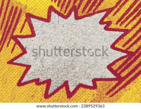 Closeup of real vintage comic book page with empty white speech bubble on a background texture of yellow red printing dots Royalty-Free Stock Photo #2389529363