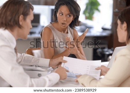 Meeting documents, business people disagreement and woman with no feedback, warning or reject budget finance plan. Group teamwork, financial analyst and manager discussion on wrong investment mistake Royalty-Free Stock Photo #2389538929