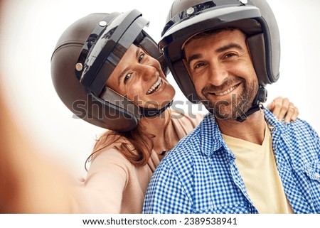 Couple, helmet and selfie on adventure, smile and road trip or holiday, romance and memories. Happy people, freedom and outdoors or travel, laughing and love for social media, portrait and vacation