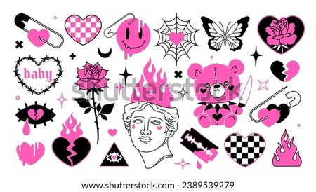 Y2k Tattoo Art in 2000s style. Y2k Emo Girl Stickers in pink and black design. Butterfly, barbed wire heart, antique sculpture, rose flower in psychedelic style. Vector Neo Gothic Tattoo print designs Royalty-Free Stock Photo #2389539279