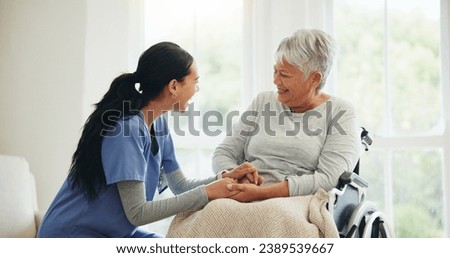 Happy woman, doctor and holding hands with senior patient in wheelchair, support or trust for healthcare at home. Medical nurse, caregiver or person with a disability smile for care or help at house