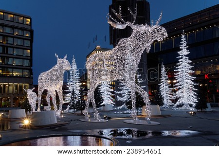 Christmas moose decoration made of light in central Stockholm
