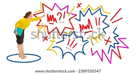 Contemporary art collage. Angry, annoying, crazy business lady shouting to employees. Modern colorful abstract scribble drawings. Concept of business, motivation, career growth, development. Ad