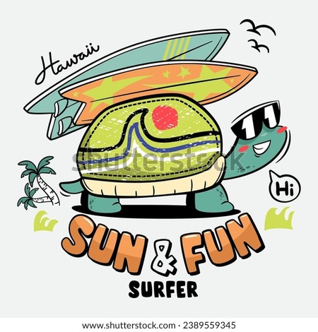 Funny cute turtle cartoon wearing sunglasses on summer beach with surfboards isolated on white background illustration vector, Graphic t-shirts for kids.