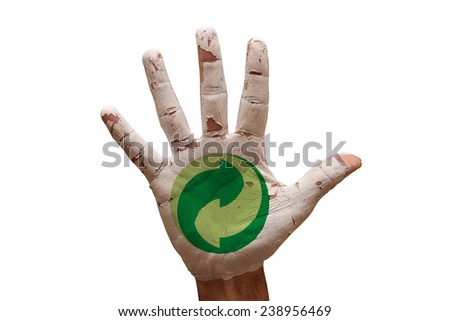 man hand palm painted caution recycle symbol