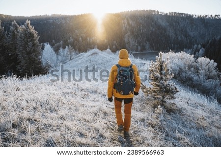 Rear view of man with backpack on hiking trip, solo trekking in the mountains, hiking with backpack in nature in winter season. High quality photo Royalty-Free Stock Photo #2389566963