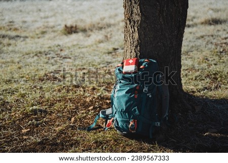 A tourist backpack is under a tree, a first aid kit, equipment for hiking in the forest. Trekking in the mountains. High quality photo Royalty-Free Stock Photo #2389567333