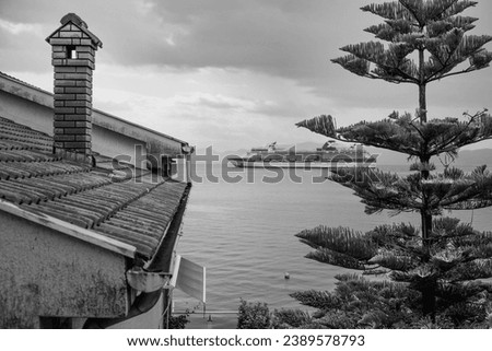 A house on the seashore and a cruise ship in the distance. Black and white photography.