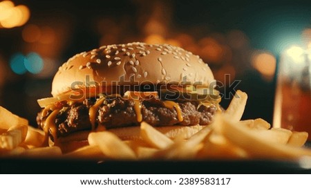 A delicious meal consisting of a hamburger, french fries, and a soda in a takeout container on a white plate, ready to be enjoyed