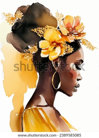 Stunning vector watercolor art illustration of a stylish african woman, yellow flowers and dress, high-quality artwork features a beautiful black woman, profile view. Versatile design 