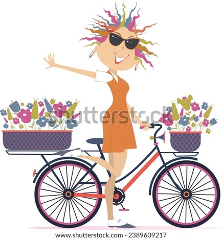 Pretty young cycling woman with bouquets of flowers in the baskets. 
Cycling woman carries bouquets of flowers in the baskets
