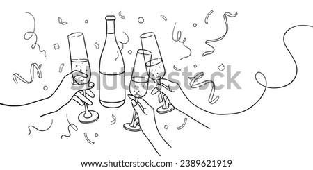 Continuous line champagne cheers one line art, continuous drawing contour on white background. 3 Wine glasses with drinks. Cheers toast festive decoration for holidays. Vector illustration Royalty-Free Stock Photo #2389621919