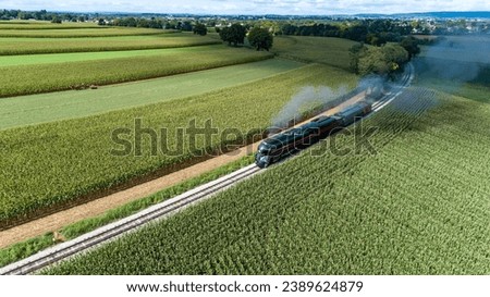A train is pictured chugging along a set of railway tracks, passing by a verdant landscape