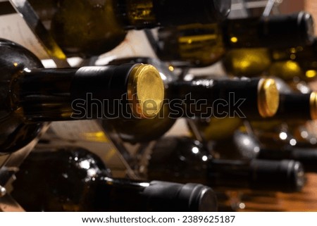 wine bottles filled with the best wine arranged in the cellar with a view of the black and gold stoppers