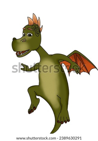 a green mystical good dragon on a white background flaps its wings and flies