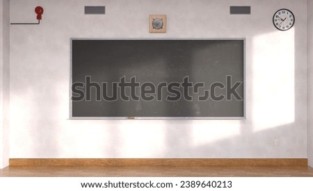 A 3D render of a classroom wall with a chalkboard and a clock