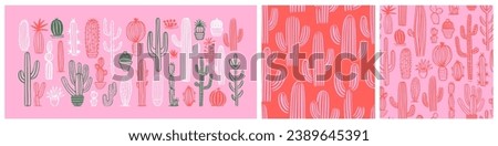 Hand drawn cactus plant doodle seamless pattern set. Vintage style cartoon cacti houseplant background. Nature desert flora texture, garden print. Natural interior graphic decoration wallpaper. Royalty-Free Stock Photo #2389645391