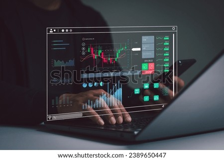 Analyst works on a computer and dashboard for data business analysis and Data Management System with KPI report and metrics connected to the database for technology finance and operation performance.