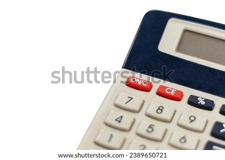 Gray calculator with red buttons and white background