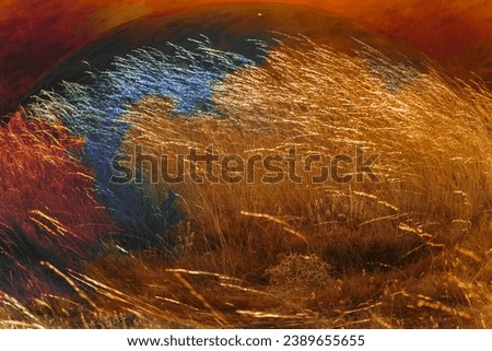 Explore the mesmerizing allure of a golden summer sunset captured in this abstract masterpiece. A field bathed in hues of ochre, gold, and red, complemented by a contrasting touch of regal purple. Royalty-Free Stock Photo #2389655655