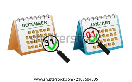 vector desktop calendars showing last day and first day of the year with magnify. vector illustration isolated on white background. Royalty-Free Stock Photo #2389684805