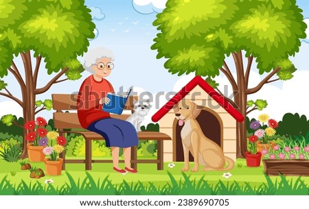 A grandmother finds solace in reading while surrounded by her beloved pet dogs in a beautiful garden