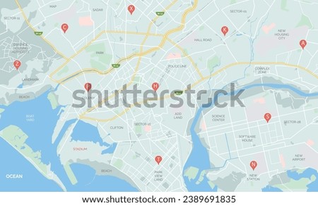 Urban detailed map, vector illustration of city map with beach port Royalty-Free Stock Photo #2389691835