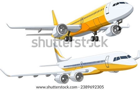 A set of commercial airline airplanes flying isolated on a white background