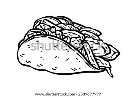 Taco sketch. hand drawn Taco outline illustration. Taco black and white vector drawing. Taco isolated on white background. vector illustration. Tacos line art drawing.