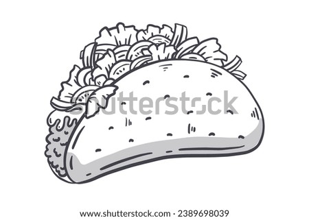 Taco sketch. hand drawn Taco outline illustration. Taco black and white vector drawing. Taco isolated on white background. vector illustration. Tacos line art drawing.