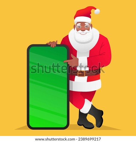 Black bearded Santa Claus leans on a large phone with a chroma key. African Santa points to the smartphone screen. Christmas concept for mobile app advertising. Vector illustration.