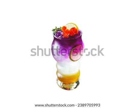 In the picture is a tall white water glass with lemon soda and purple butterfly pea flower water on the top layer, decorated with orange flowers and lemon slices.
