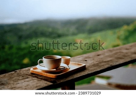 The picture shows the morning atmosphere with white mist and blur on a brown wooden bar with coffee cups and sugar packets, cream and spoons placed on it