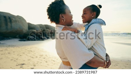 Woman, love and hug child by beach, smile and nature to support relax on calm holiday. Happy family, mother or daughter for bonding for care, travel and vacation on bali shore for peace wellness