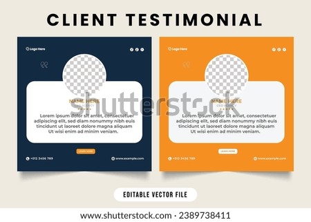 Client testimonials template design with dark blue and yellow color. Modern customer feedback and quote layout vector for business promotion. Customer feedback review or testimonial layout vector.