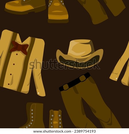 Editable Western Men Clothes Vector Illustration Seamless Pattern With Dark Background for Decorative Element of Wild Western Culture Related Project