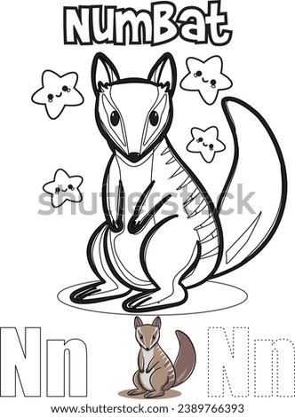 N For Numbat Alphabet with Cute Animal illustration Coloring Page Kids Preschool