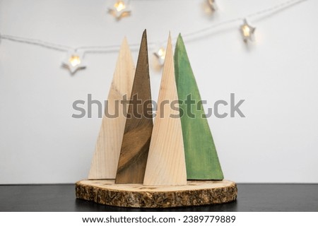 Alternative Christmas Tree. Easy Idea of Wooden Xmas Decoration. White Wood Wall. Handmade Nordic Decor. Boho Scandinavian Style Design. Unique DIY Minimal Ornament. Structural Origami. Zero Waste Fir