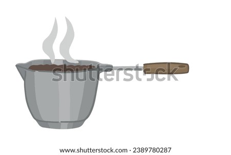 Doodle of Turkish coffee maker with warm drink. Cartoon clipart of beverage utensil. Contemporary vector illustration isolated on white background.