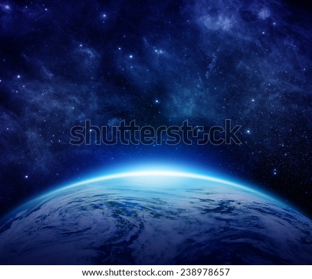 Earth on space use for background. Blue Planet Earth view from outer space show Global World, Universe, Star field, Galaxy, world map, ocean, dark sky. Earth 3D render elements image furnished by NASA