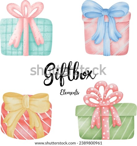 Vector gift boxes in different colours and styles . Watercolour of gift box elements for special day