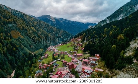 Aerial view of Ayder Plateau in Camlihemsin. Rize, Turkey. Royalty-Free Stock Photo #2389801285